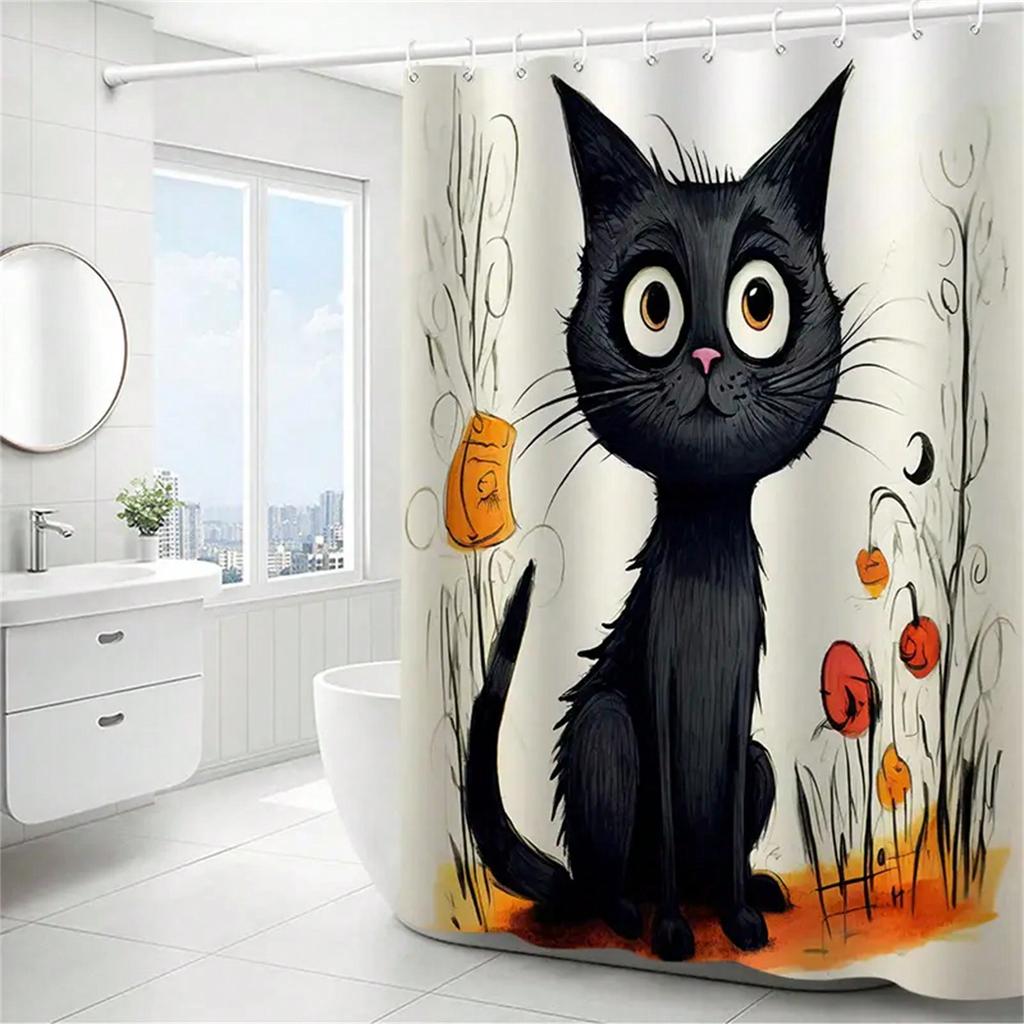 Black Kitten Pattern Shower Curtain, Waterproof Shower Curtain With Hooks,Bathtub Partition,Bathroom Decor,Bathroom Accessories