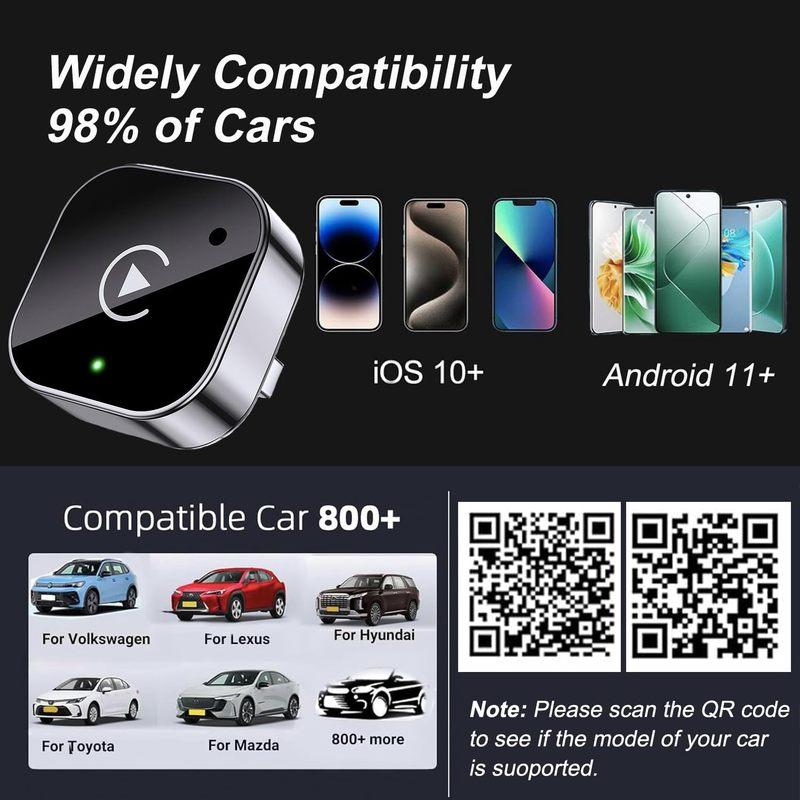 Wireless CarPlay & Android Auto Adapter 2026 Upgrade: Wired To Wireless for Cars with Built-in Apple CarPlay/Android Auto, Mini