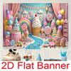 A 2D Banner, Polyester Fiber, Candy-themed Birthday Background, Giant Cake, Ice Cream, Lollipops and Rainbow