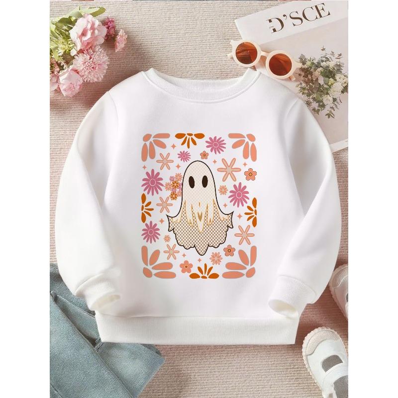 Kids Crewneck Sweatshirt, Soft Tone Floral Cute Ghost Graphic Print, Cozy Casual Long Sleeve Pullover 110 белый