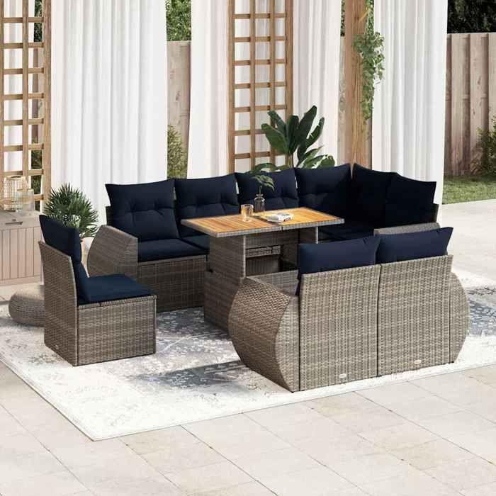 VidaXL Salon de jardin 9 pcs avec coussins gris résine tressée, ensemble de canapés d'extérieur, ensemble de canapé d'angle 3327281