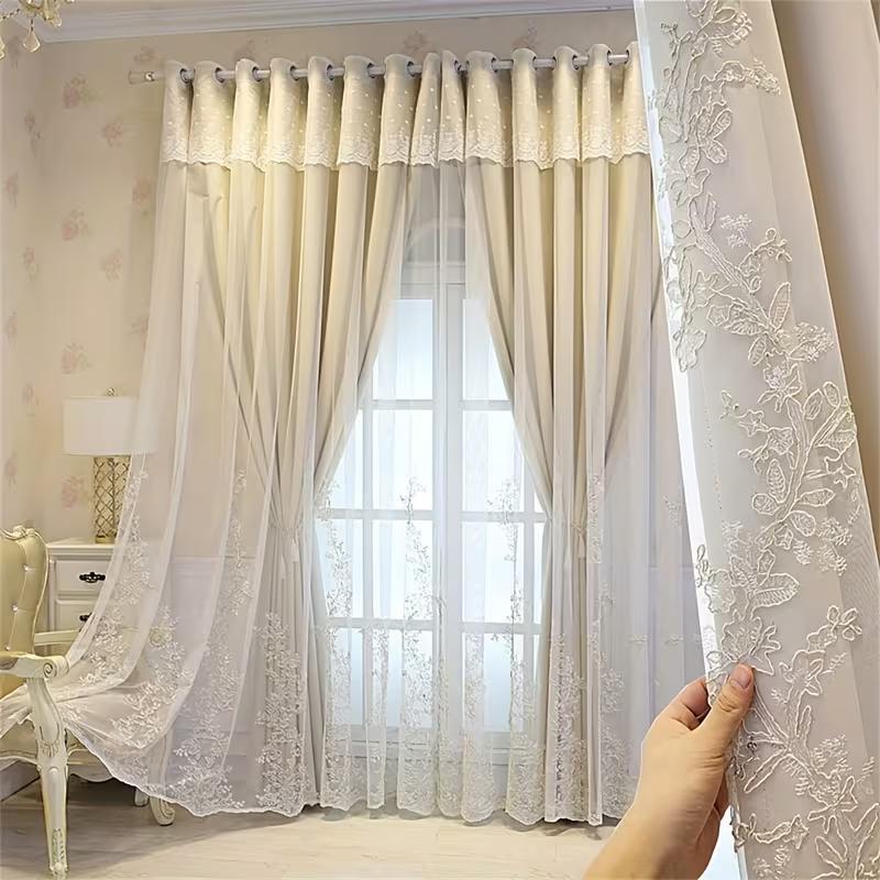 Dubbellaagse Verduisteringsgordijnen Met Doorzichtig Overgordijn Volledige Privacybescherming Esthetisch Ontwerp Voor Slaapkamer En Woonkamer 1pc W100xL200 cm&Rod pocket &1 panel beige