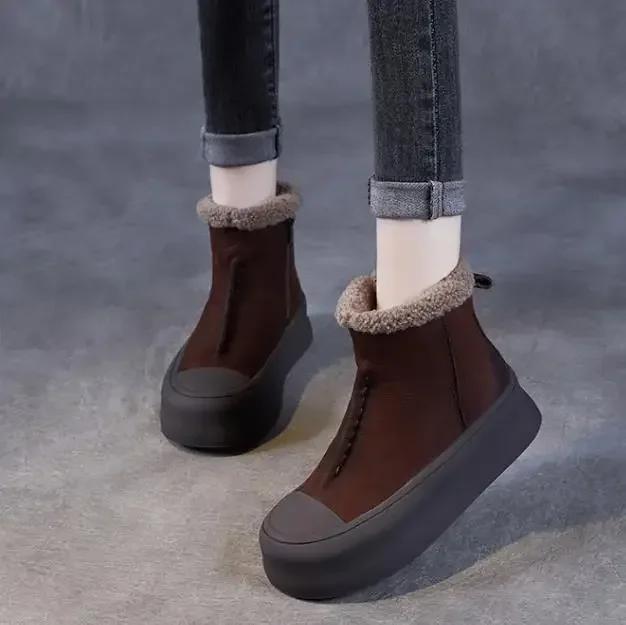 4CM Women Snow Boots Retro Thick Bottom Flat Platform Genuine Leather Zipper Winter Warm Ankle Boots For Women Cotton Shoes