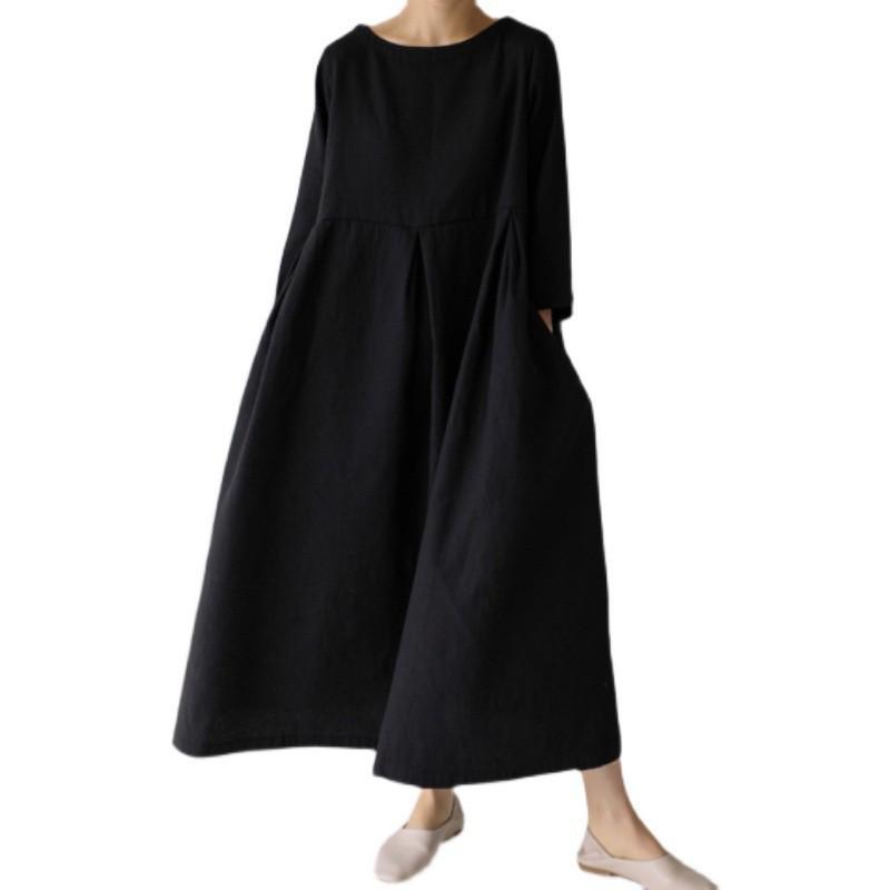 Loose Plus Size Cotton Linen Round Neck Pullover Dress - Japanese & Korean Style, Solid Color, Knee-Length Swing Skirt.
