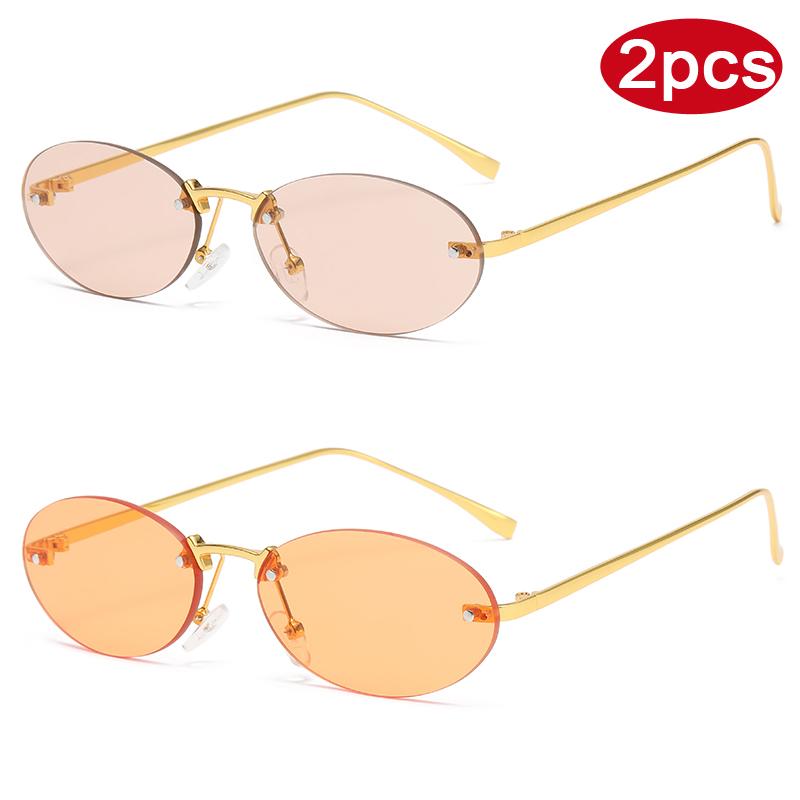 Protective Glasses 2pcs Rimless Oval Sunglasses Female Punk Metal Frame Gradient Lens Sun Glasses Multi Color Glasses UV400