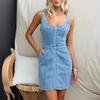 Women's Sleeveless Denim Dress Zipper Front Mini Jean Dress Summer Casual Tank Denim Dress with Pockets