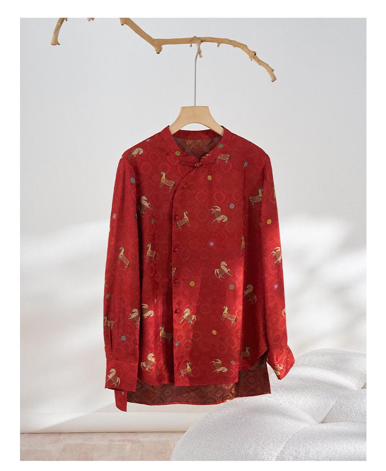Golden Saddle Embroidered Stand Collar Shirt with Frog Button - New Chinese Style Long Sleeve Top (2026 Design)