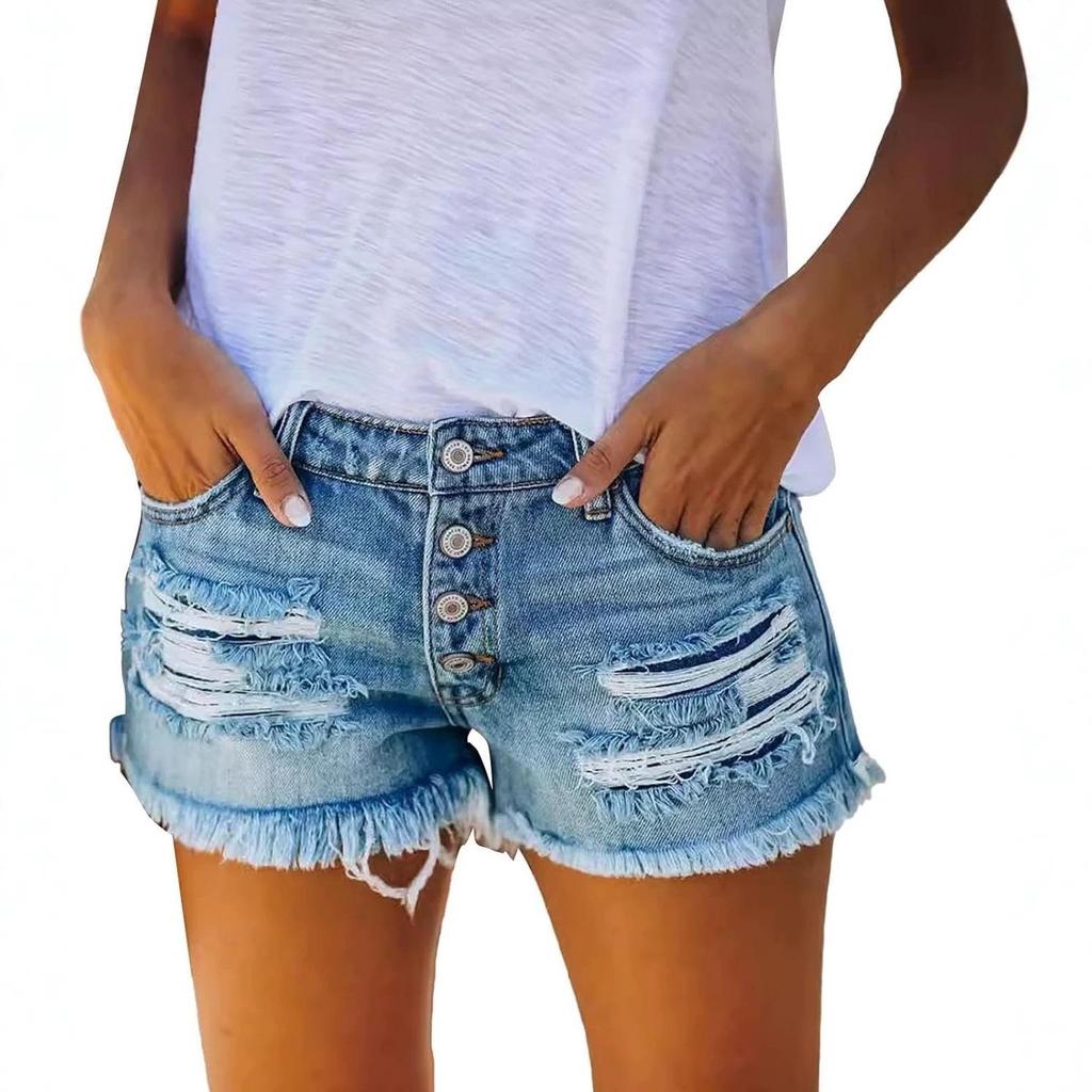 2026 Women's High-Waisted Fringed Ripped Denim Shorts - Versatile American Trend Fashion.