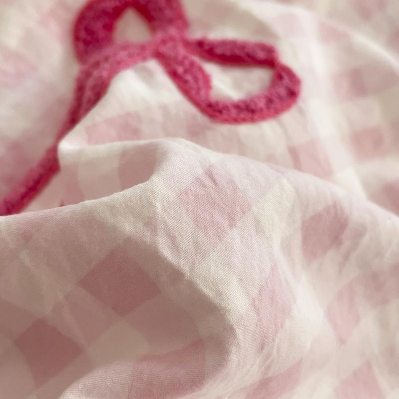 Korean Style Bedding Sets  Pink Grid Bow Quilt Cover Romantic Bed Sheet Sets Woman Girls Bedroom Duvet Cover 4pcs