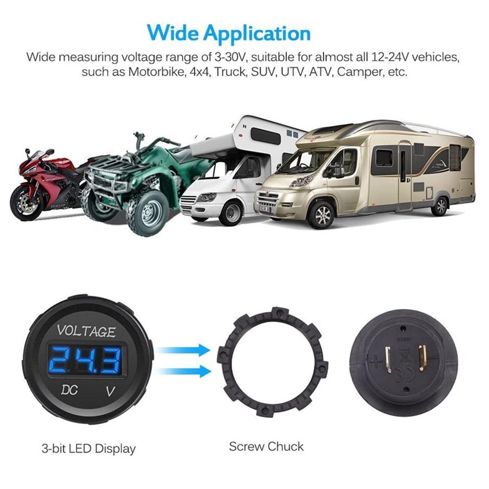 DC 5-48V Car Motorcycle Voltmeter Mini Digital Waterproof LED Panel Tester Display Round Volt Meter Gauge
