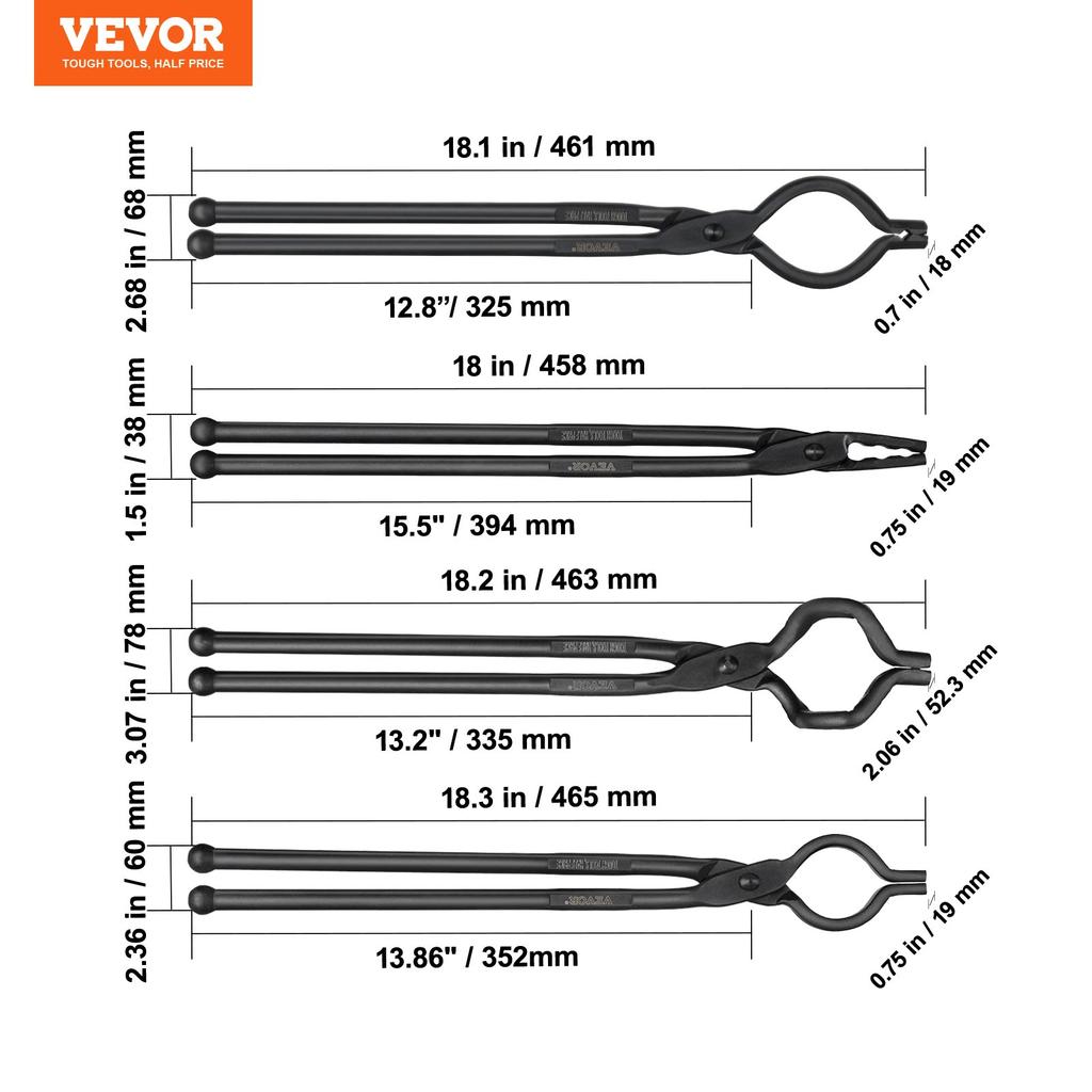 VEVOR Blacksmith Tongs, 45.7 cm 4 PCS, V-Bit Bolt Tongs, Wolf Jaw Tongs, Z V-Bit Tongs and Gripping Tongs