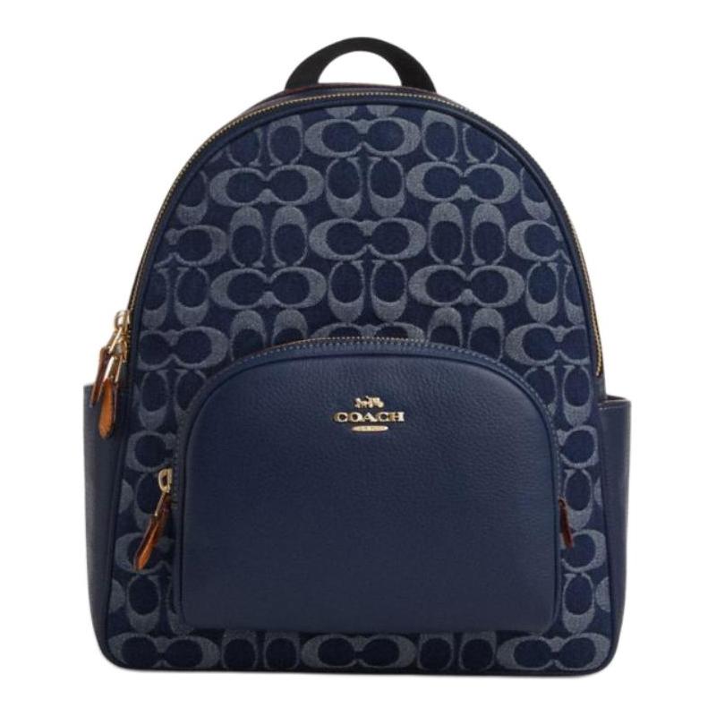 

COACH Court 28 brand logo zipper closure, fabric and cow leather, backpack, large size, women s model, denim blue and natural color синій