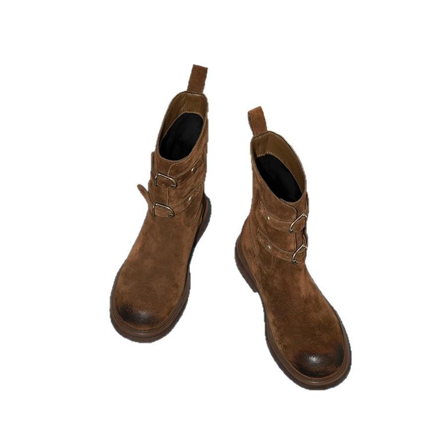 Blue Cabinet Edition~ Retro Polished Belt Buckle Western Cowboy Boots Skinny Short Boots Women's Maillard Martin Boots Locomotive Boots