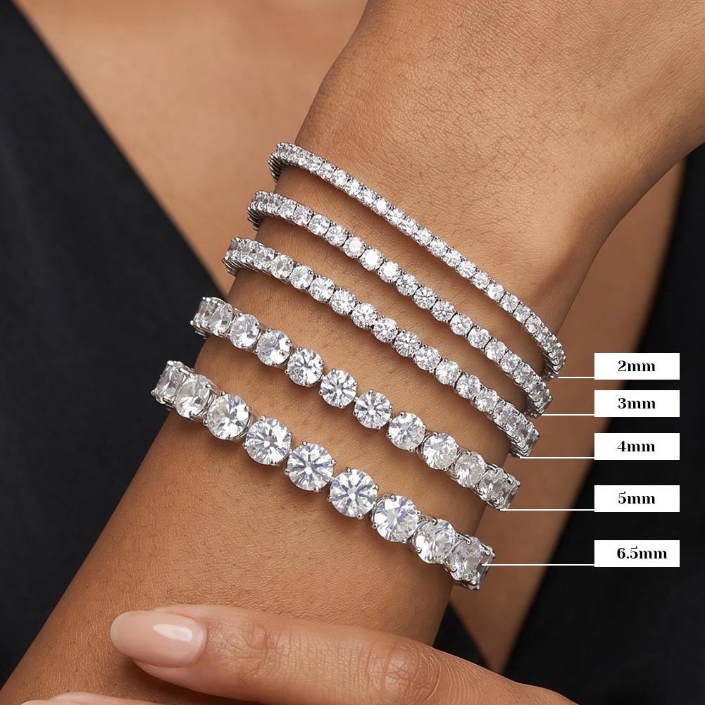 Mirror Polished Solid S925 Silver Flat Slim Tennis Bracelet VVS Micro Moissanite Dual Lock Anti-Slip Clasp