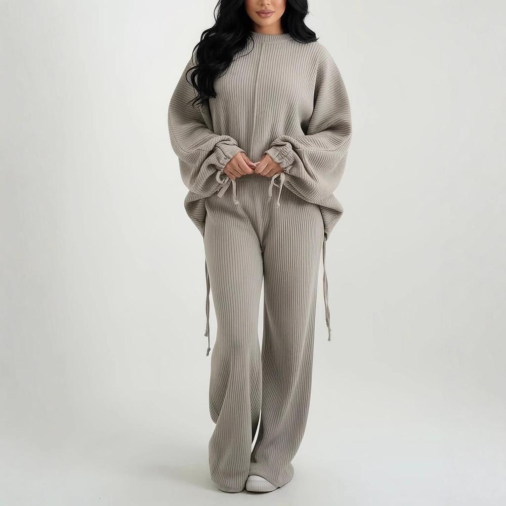 Women's Casual Knit Sweater & Lace-up Trousers Set, Autumn 2025 Collection - Round Neck and Long Sleeves