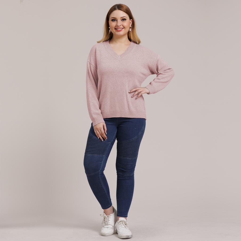 Autumn and Winter Plus Size Women's Solid Colour Simple Woven V-neck Pullover Jumper