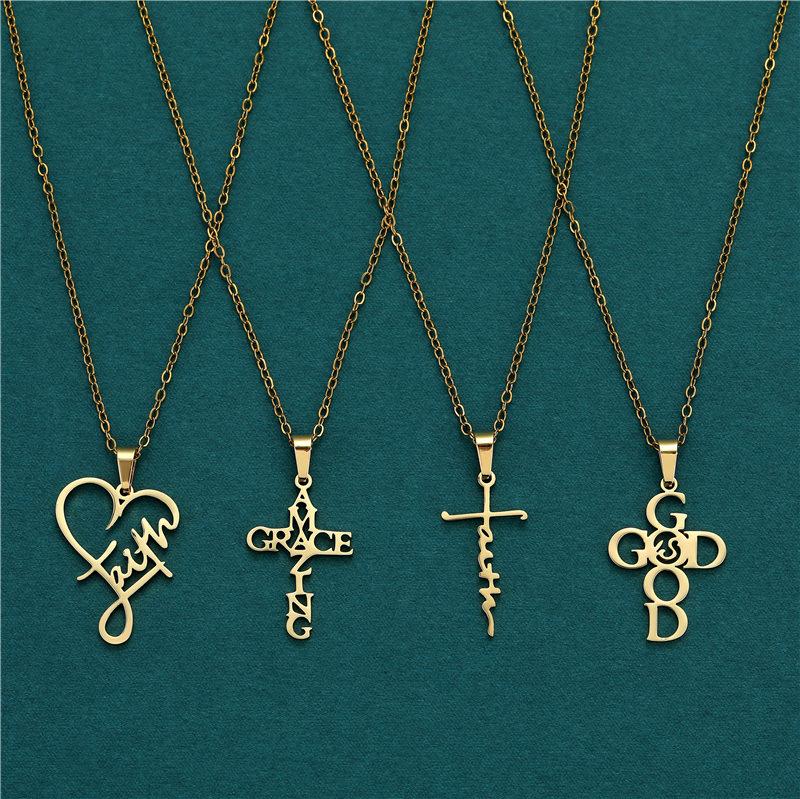 Stainless Steel Peach Heart Cross Necklace Light Luxury High Sense English Letter Style Fashion Items
