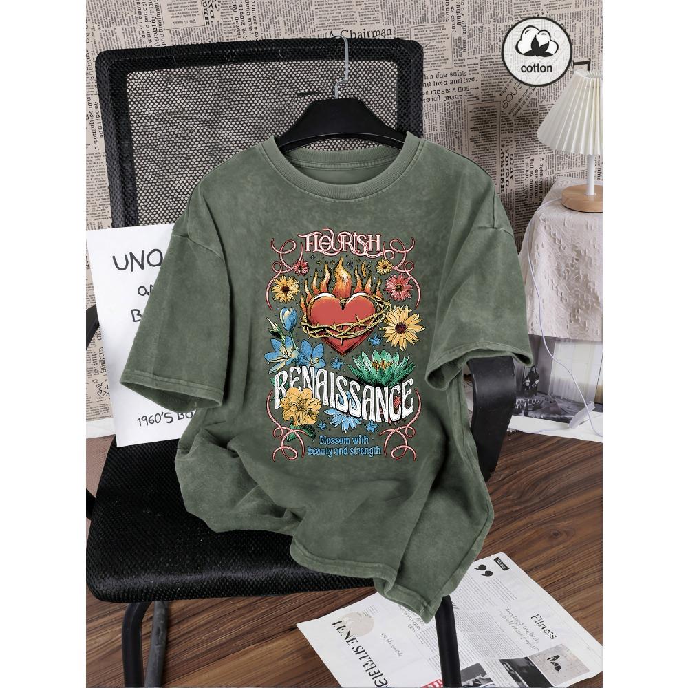 Renaissance Printing Washed T Shirts Woman Cotton Oversized T-Shirt Casual Summer Short Sleeves Y2K Womens Clothes