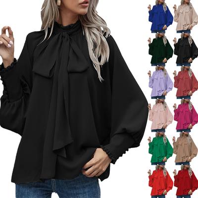 Women's Loose Comfortable Casual And Fashionable Round Neck Bow Button Tied Long Sleeved Shirt