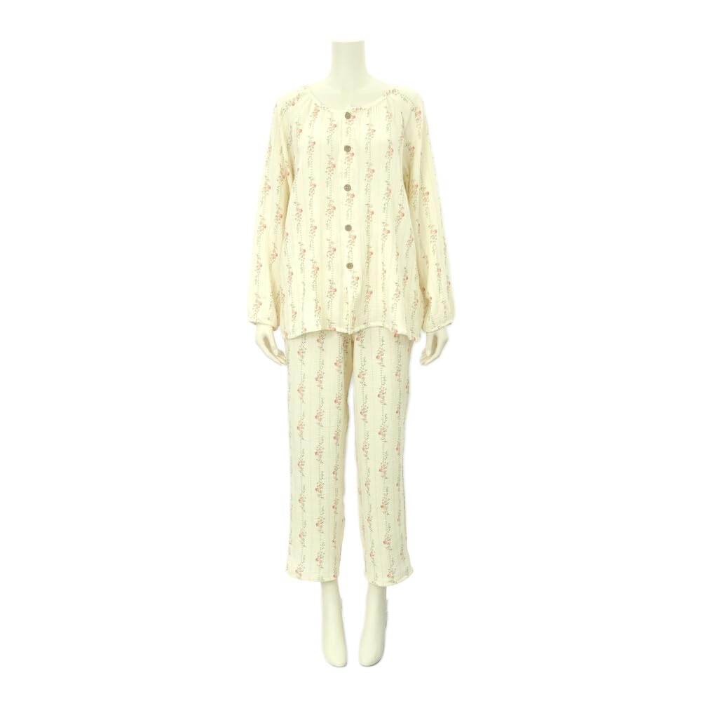 RAVIR Cotton Double Gauze Long Round Floral Ivory and Size M Women's 100% Pajamas, Sleeves, Neck, Print, Girly, Pink,