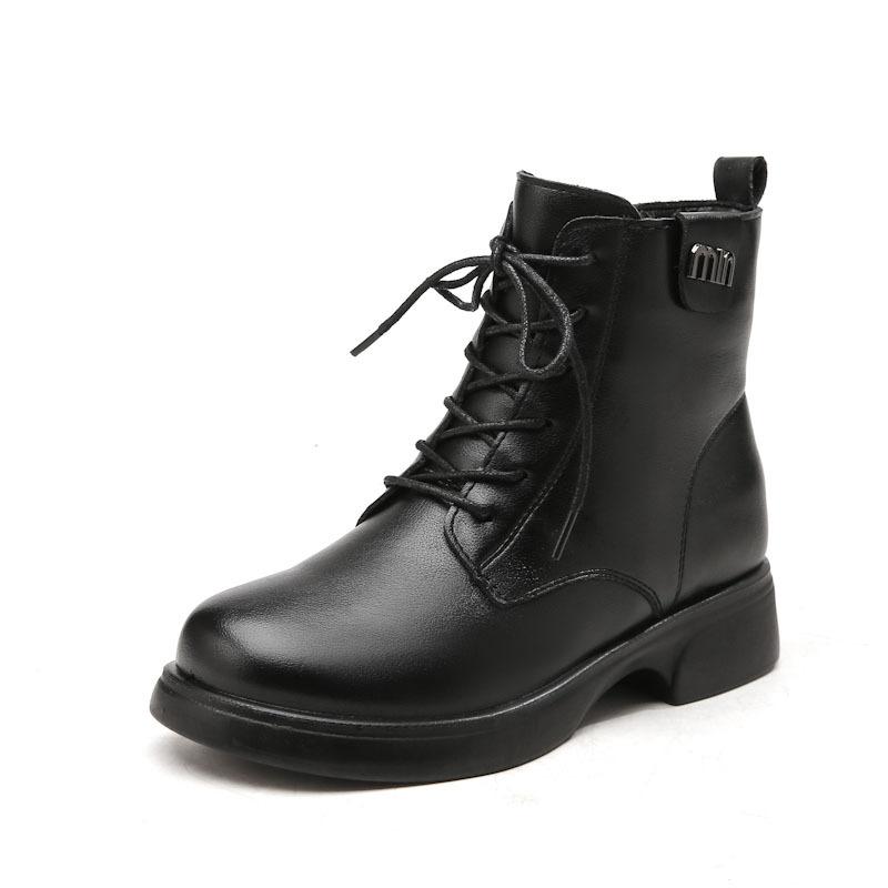Mid-aged and Elderly Women Winter Warm Fleece Lined Short Boots Mom's Genuine Leather Soft Sole Non-slip Lace Up Cotton Shoes