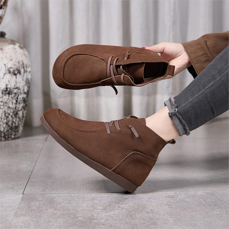 Johnature Retro Genuine Leather Flat Ankle Boots Handmade Soft Cowhide Elastic Band Soft Soled Women's Shoes