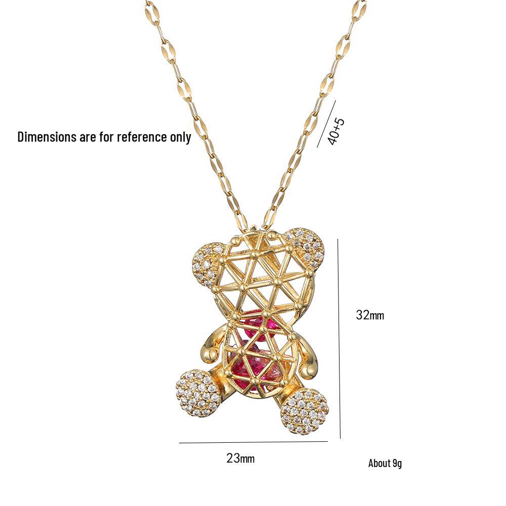 Damen Titanstahl Halskette mit goldenem Zirkonia, hohles Bär-Design, japanisch-koreanischer Stil, grenzüberschreitende Nischenmode.