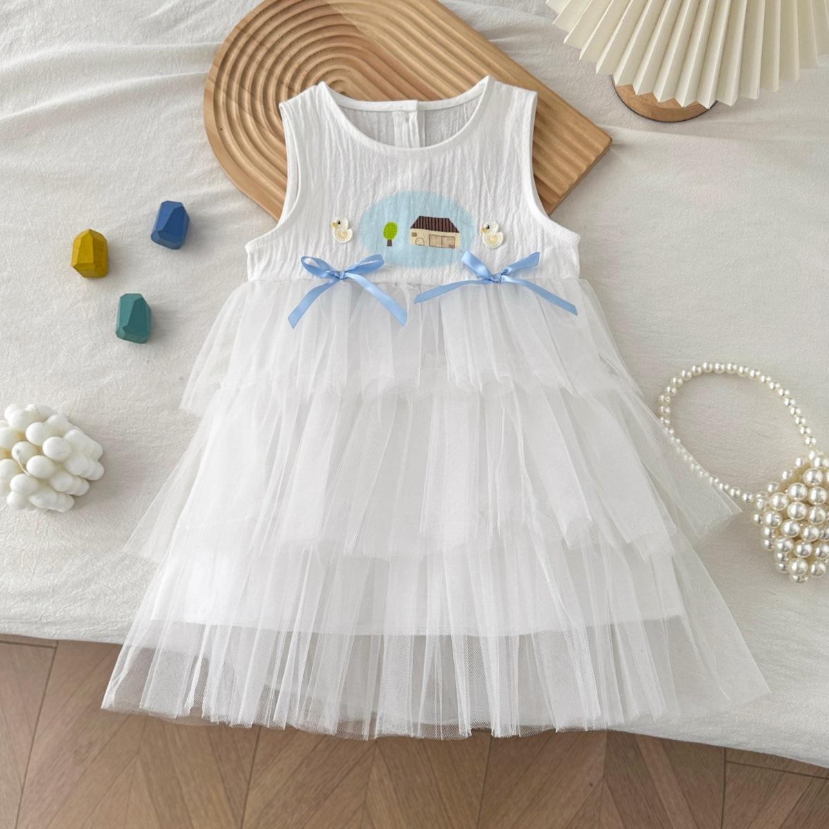 Summer Girls Sleeveless Mesh Cake Dress With Bowknot Print Vest Layered Tutu Skirt For Little Kids Party Wear 90cm