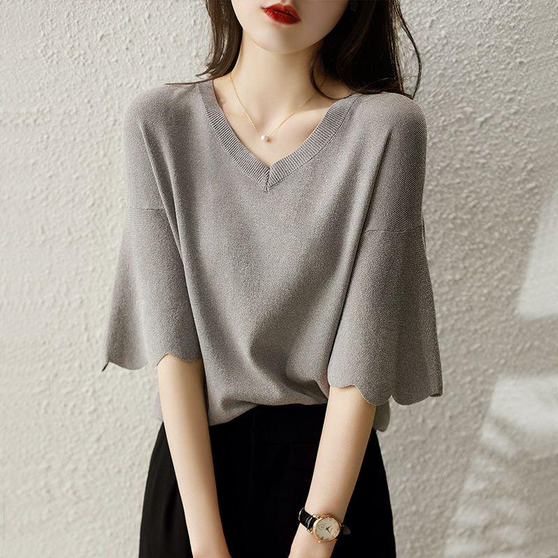 

Summer Versatile Flare Sleeves Screw Thread Half Sleeve Basic T-Shirts Gray Colour V-Neck Ruffle Women Top Tee Loose Vintage S сірий колір