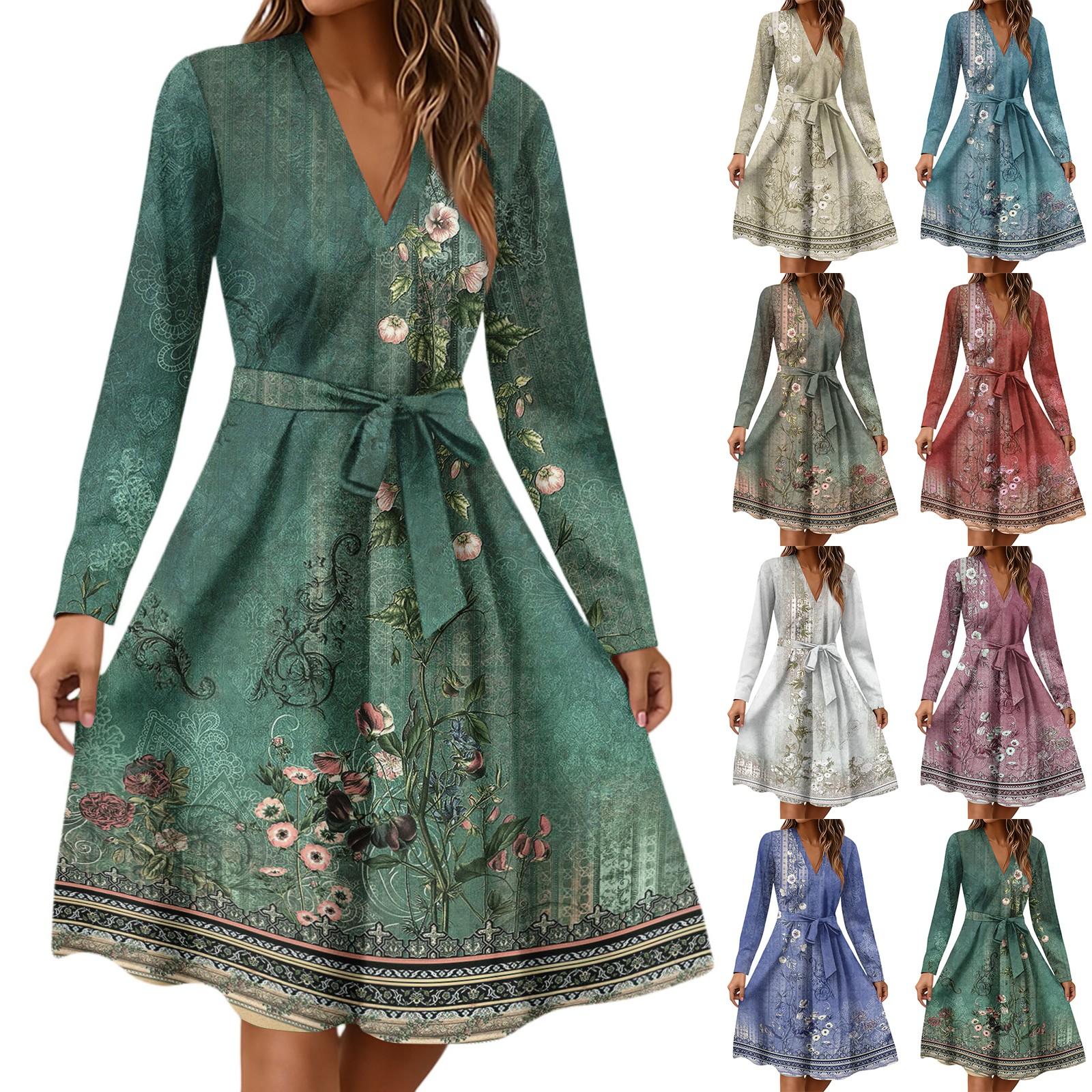 

Women s Fashion Casual V-Neck Long Sleeve Waist Retro Printed Midi Dress M білий