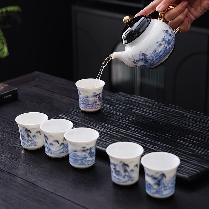 Tang Hui Jade Porcelain Mountains & Rivers Gilded Kung Fu Tea Set