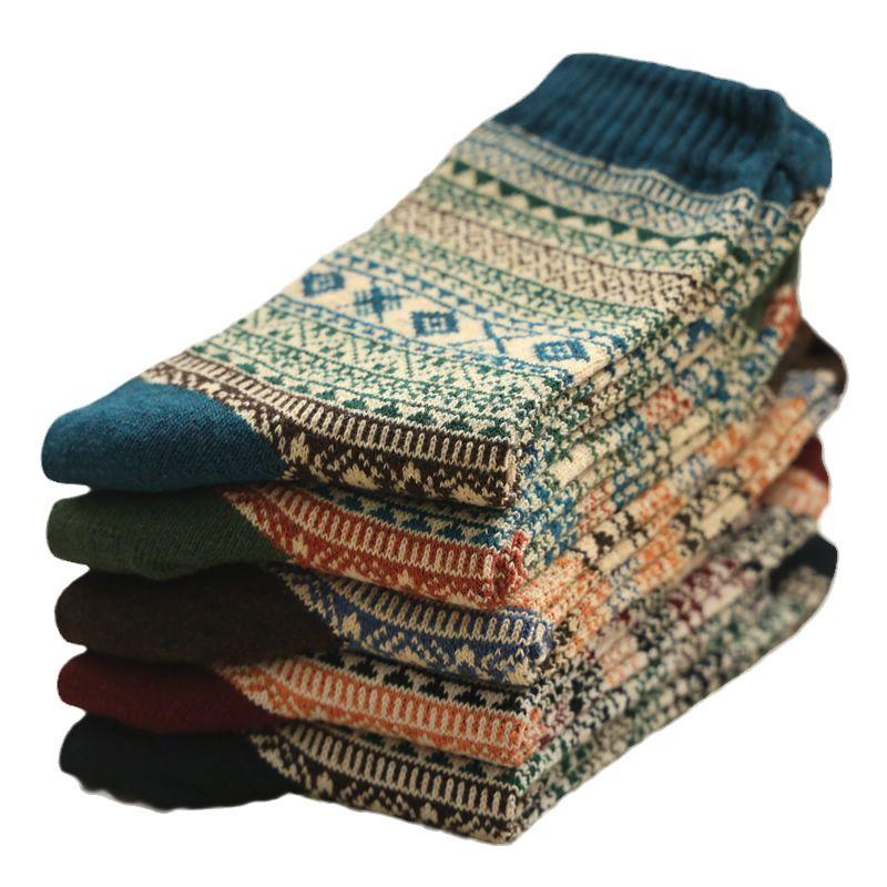 Women's Retro Diamond Ethnic Style Mid Tube Socks - Thick Thread for Autumn and Winter, Japanese Harajuku-Inspired