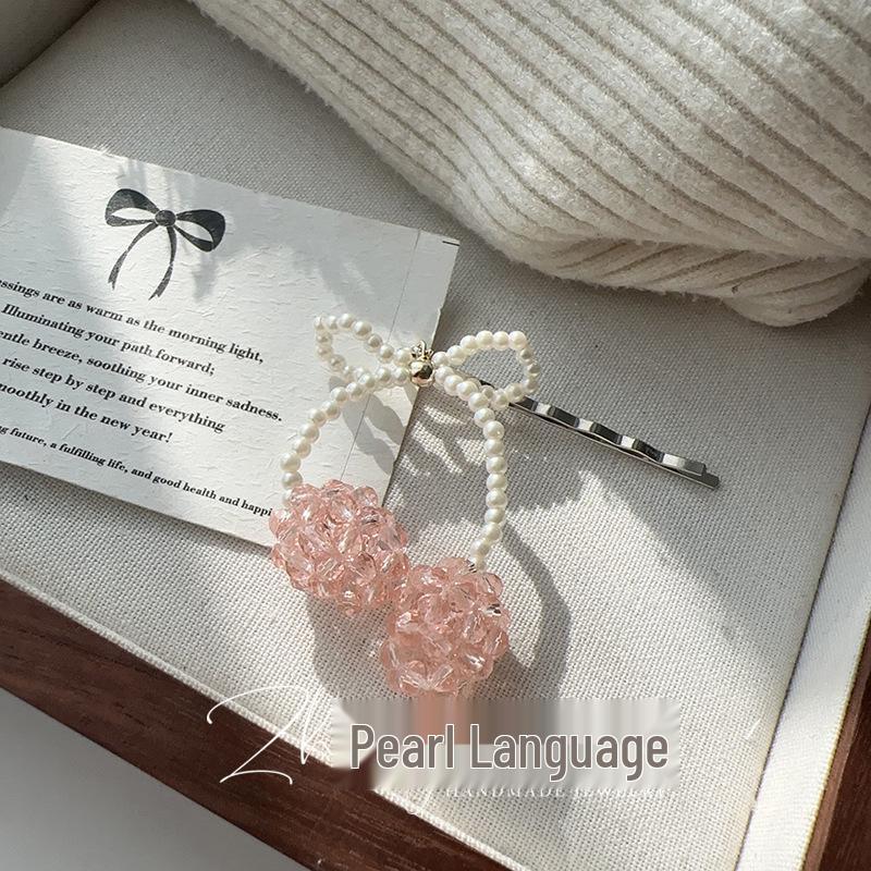 Crystal Cherry Bow Hair Clip - Girly Korean Style Hairpin with Sweet Fruit Pendant