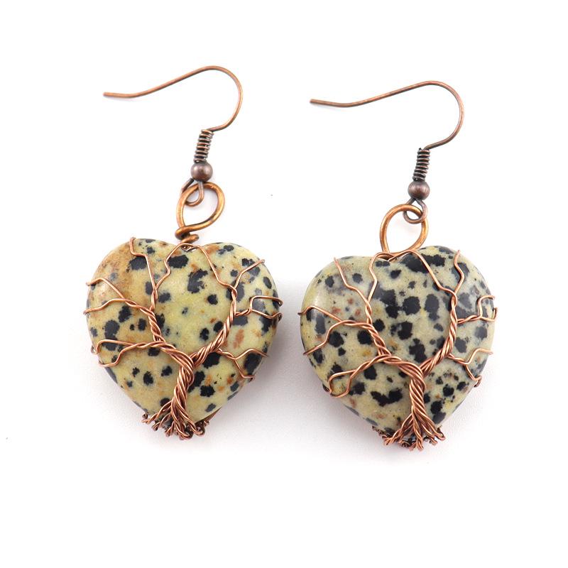 Retro Handmade Wire-Wrapped Tree of Life Peach Agate Heart Dangle Earrings E33