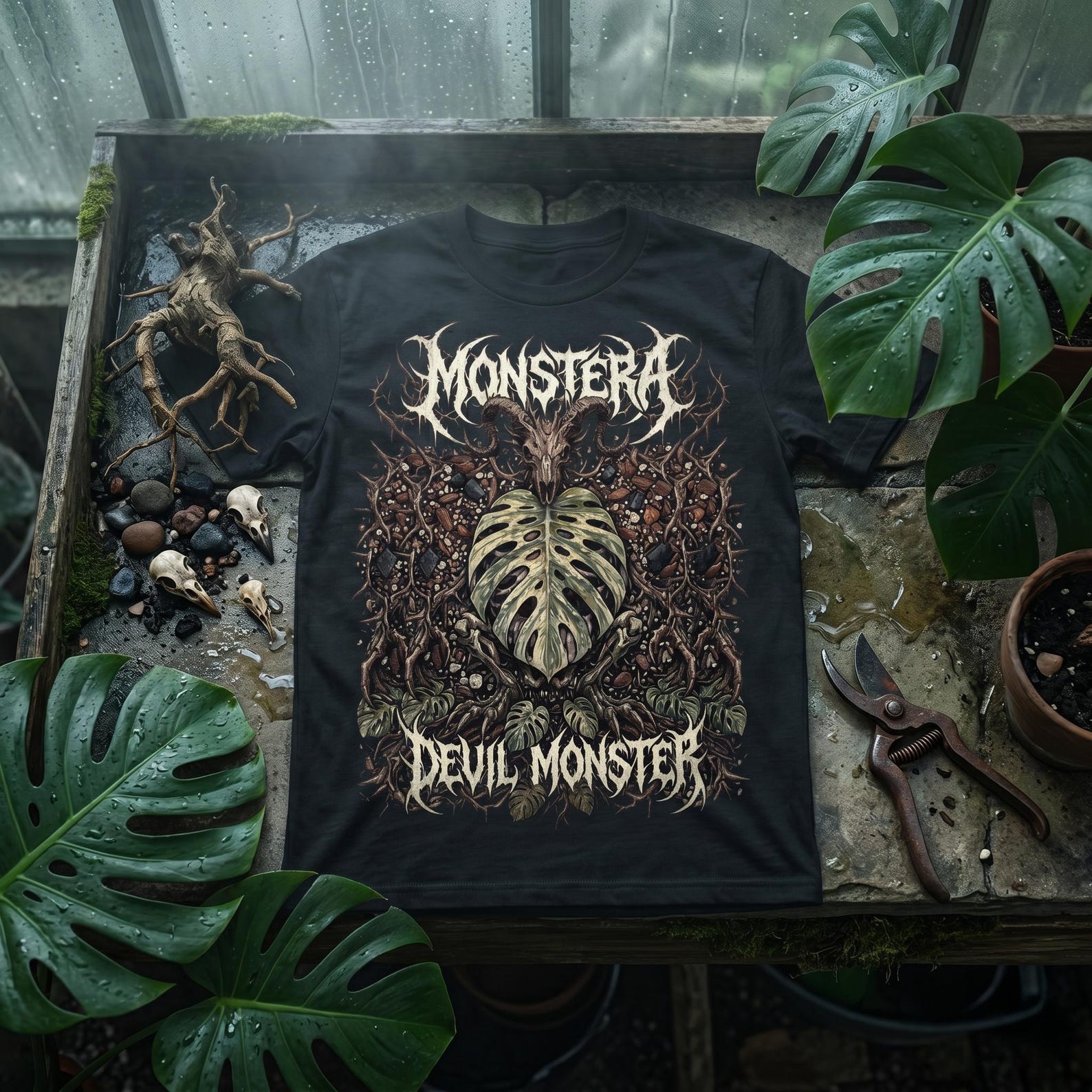 Monstera Devil Monster Shirt • Rare Trending Plant • Gothic Plant Lover • Goth Garden • Heavy Metal Monstera • Dark Art Plant Parent Tee S