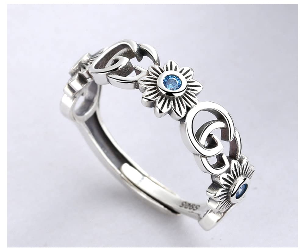 Free Flower English Adjustable Amulet Pure Accessory [Rockyu] Women's Ring, Size, Stylish, Blue, Zirconia, Ring, G, Openwork, Size, Ring, Silver,