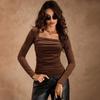 Top retrò americano Spice Girl da donna primavera ed estate manica lunga nuovo marrone scollo quadrato plissettato corto aderente T-shirt