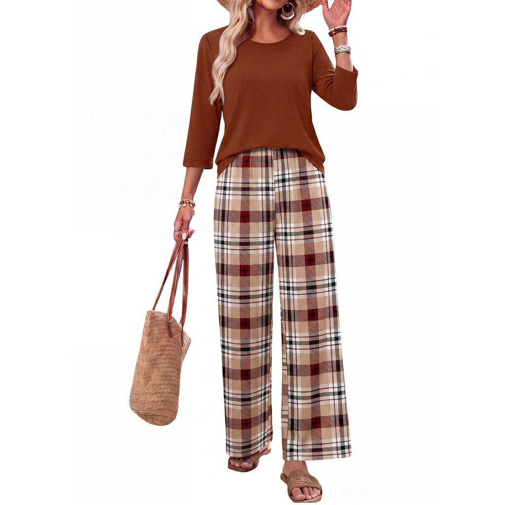 Women Casual Loose Fit Printed Three Quarter Sleeve Round Neck Top with Wide Leg Pants Two Piece Set Comfortable Relaxed Fit