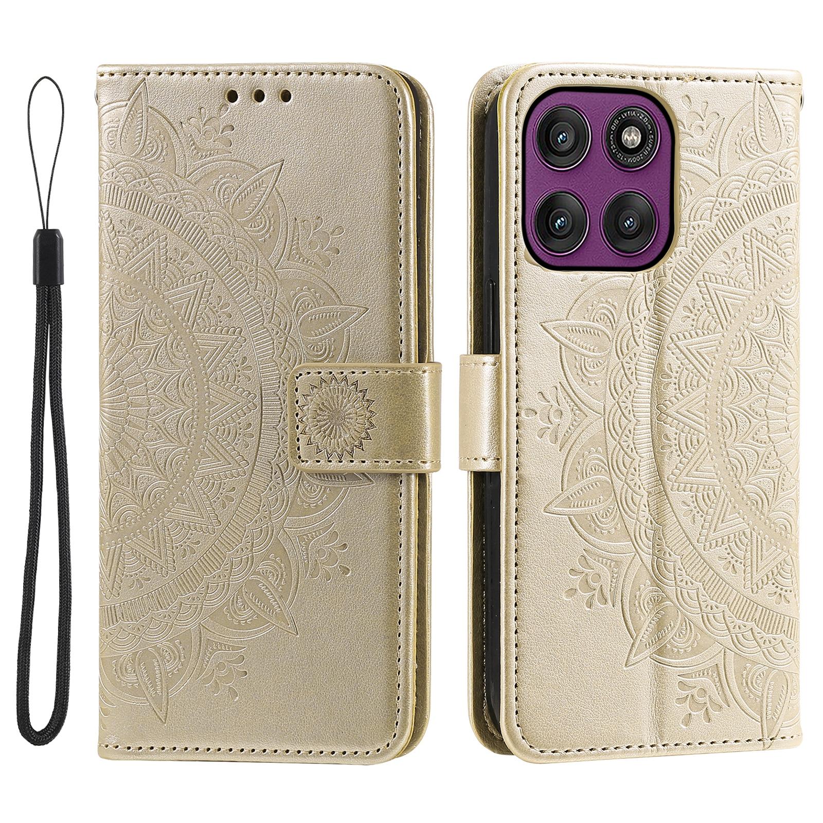 

For Motorola Edge 60 Pro 5G Stand Case Imprinted Totem PU Leather Wallet Phone Cover with Wrist Strap Gold