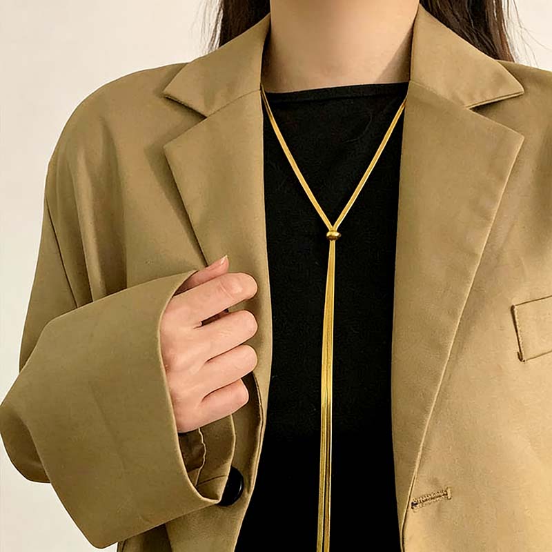 

Punk Gold Color Y-Shaped Necklace for Women Girls Fashion Metal Long Flat Snake Bone Chain Necklace Zircon Party Gifts золотий