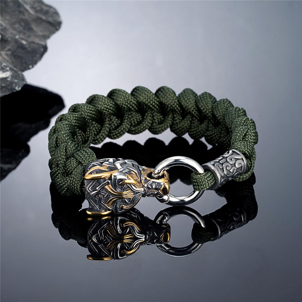 Outdoor Norse Mythology Odins Wolf Bracelet Men Stainless Steel Braided Paracord Rope Wristband Viking Runes Celtic Knot Jewelry