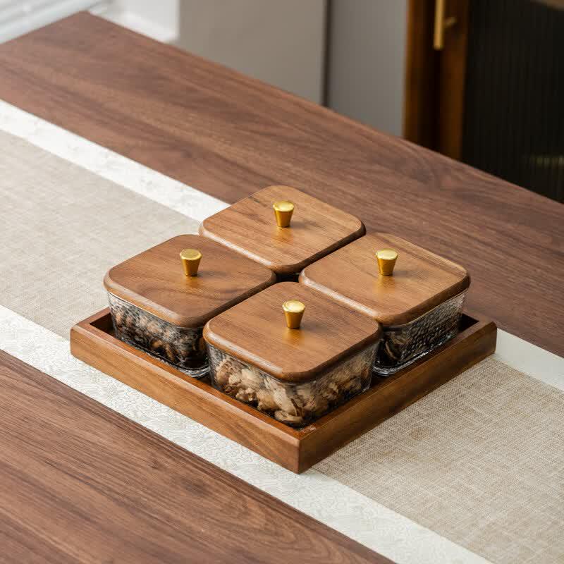 Walnut Wood & Glass Divided Snack Tray