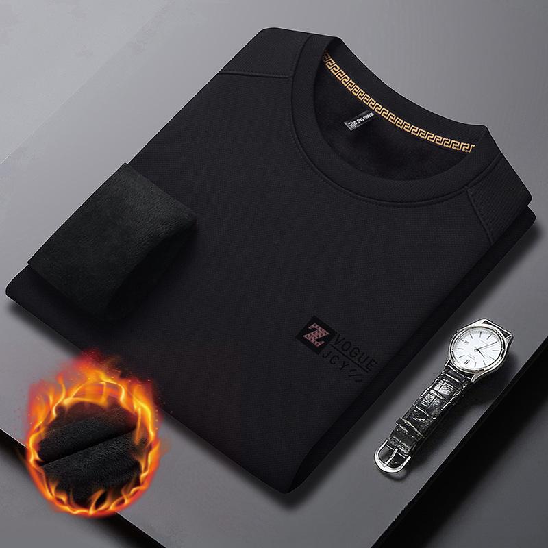 Men's Long Sleeve Round Neck Sweatshirt - Thick Velvet, Warm Base Layer for Autumn/Winter Fashion
