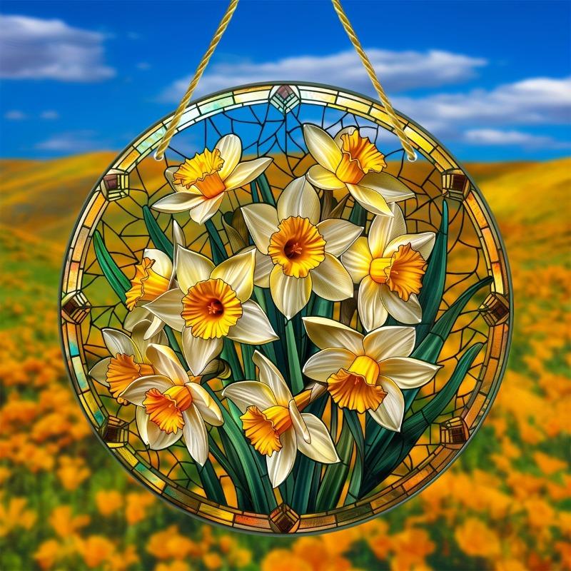 2D Flat Acrylic Garden Round Wall Hanging Decoration Sign, Daffodil Spring Sun Catcher, Nurseries, Vintage Home Decor Wall for Bar Kitchen