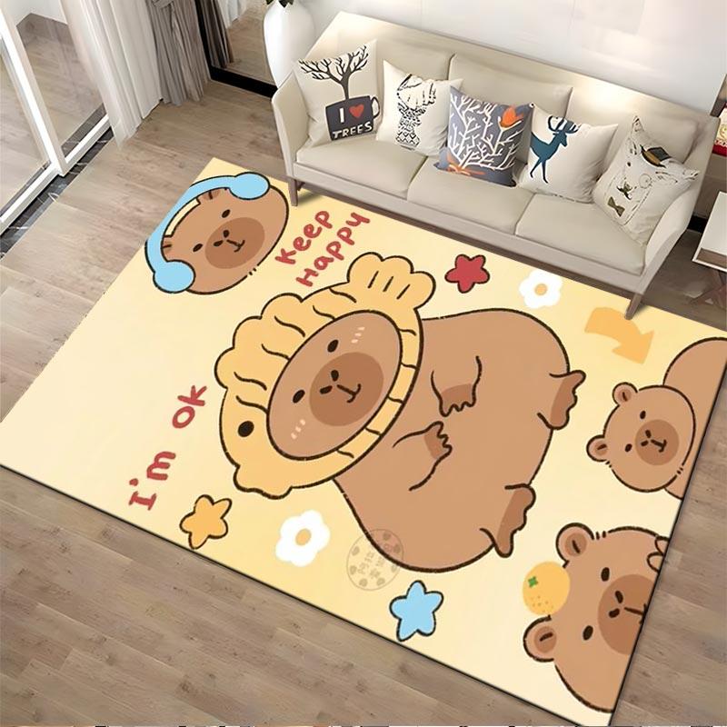 Cute Bear Pattern Carpet with Inspirational Text "Keep Happy", Beige Background Suitable for Use As an Anti-slip for Living Room Bedroom Sofas