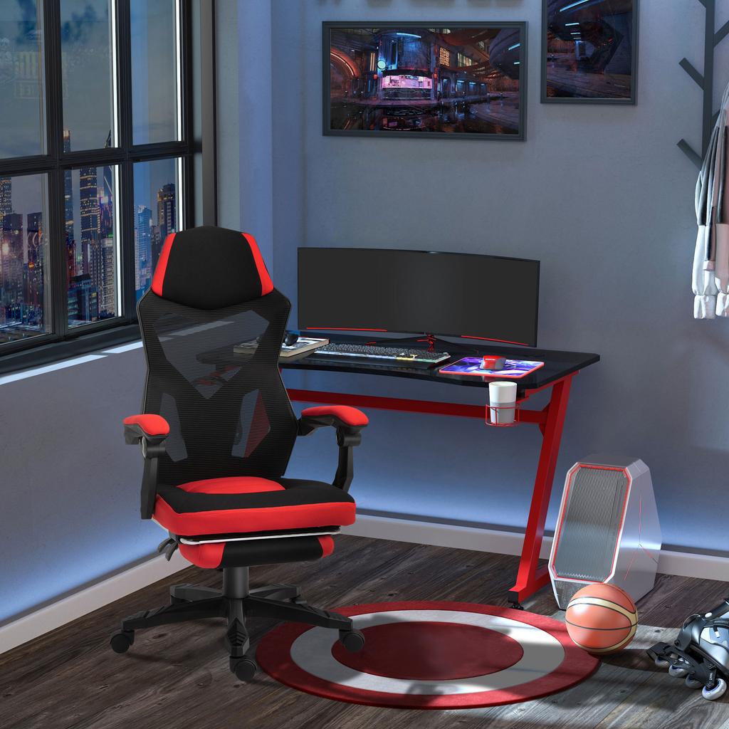 Ergonomic Office Chair, Gaming Chair, Swivel Chair with Footrest, PC Chair, Executive Chair, Height Adjustable, Polyester, Black+Red