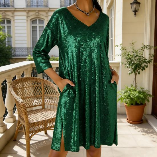 Women's Sequin Mini Dress Glitter 3/4 Sleeve V-Neck Dress Sparkly Cocktail Party Club Split Dress with Pockets