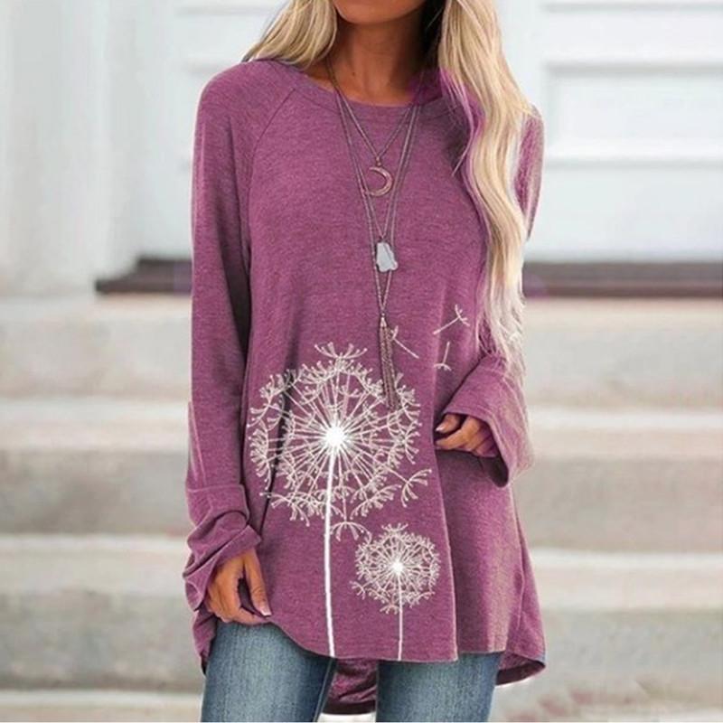 Plus Size Women Spring Dandelion Printed Comfy Long Sleeve Round Collar T-shirt Casual Baggy Mid Length Tee Tops