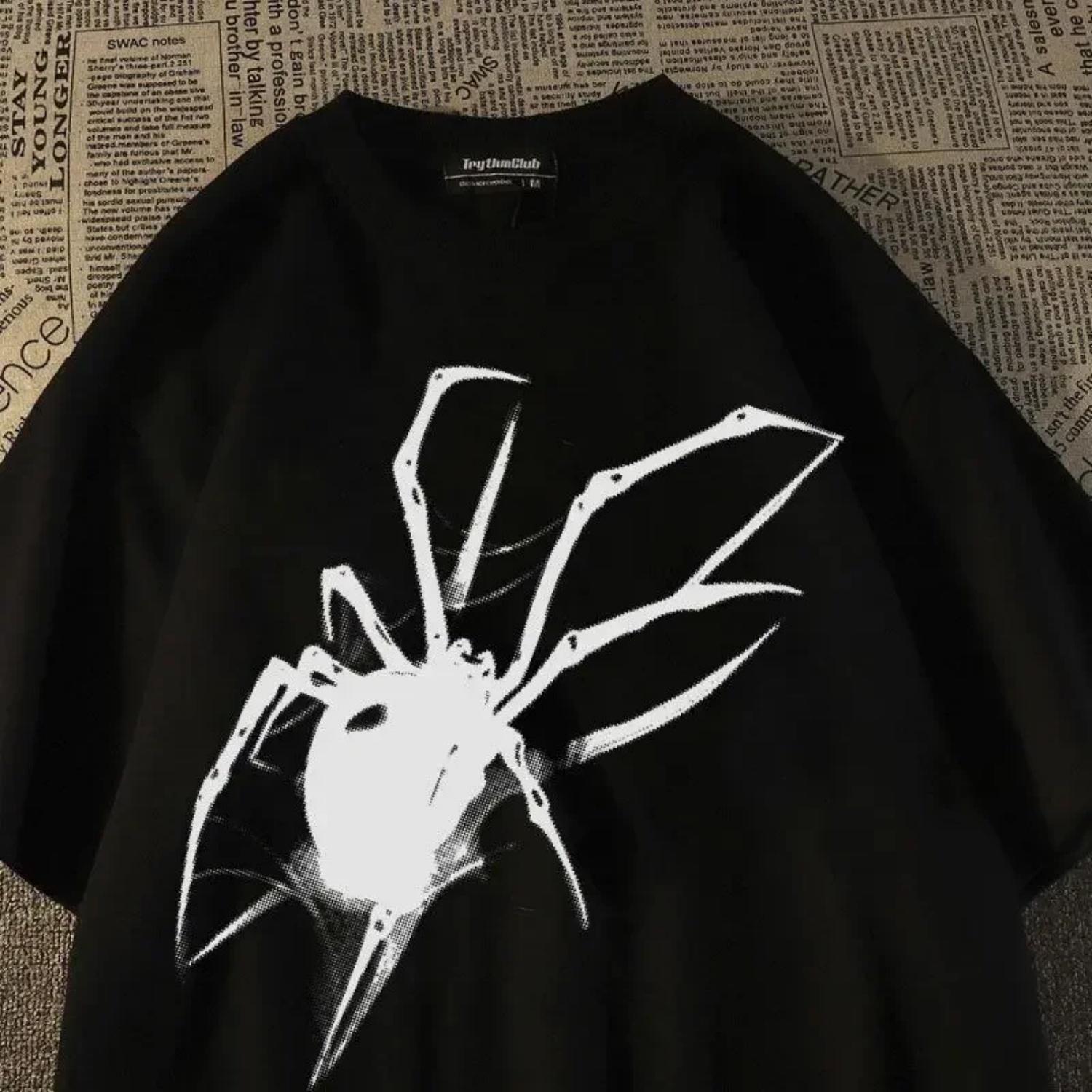 

Pure cotton American retro T-shirt trendy brand spider short sleeved men and women summer loose ins trend couple T shirt y2k top XXXXXL чорний