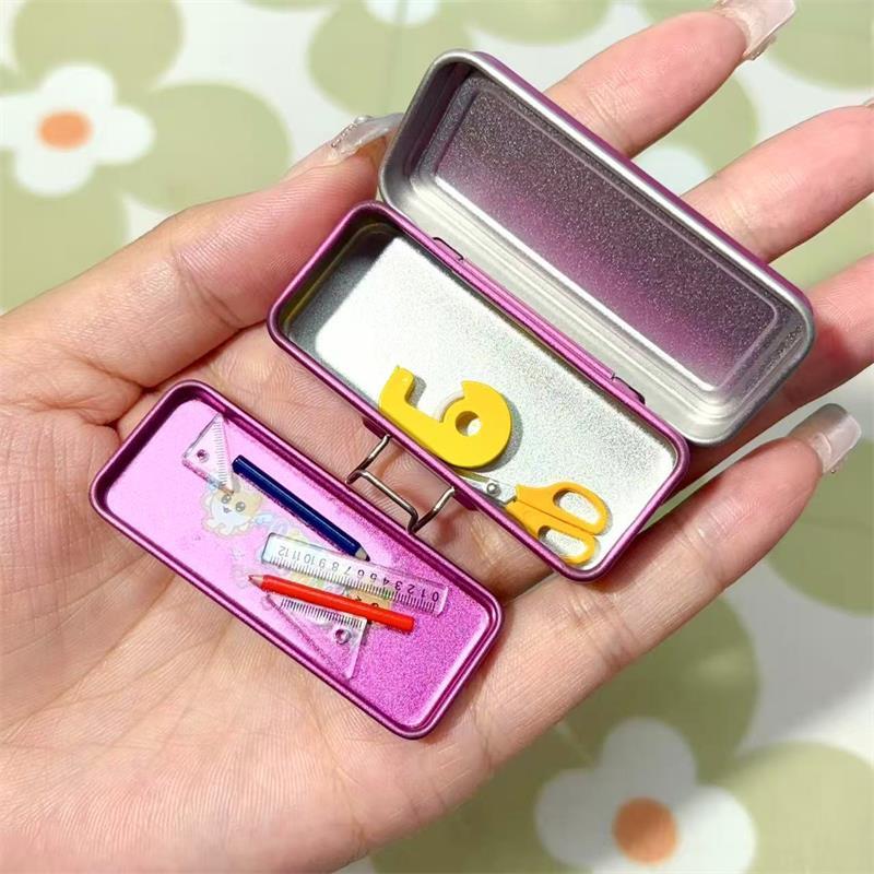 Dollhouse Miniature Double Layer Iron Pencil Box Pen Ruler Measuring Tape Scissors Model Micro Landscape Decor Pretend Play Toy